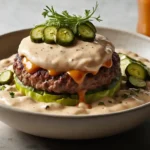 Leicht von unten fotografierte Ansicht einer stilvollen Schale mit cremiger Burger Sauce rezepte, die die feinen Texturen und Schichten der Sauce sowie die Dekoration mit frischen Kräutern und Essiggurken hervorhebt.
