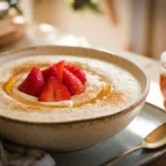 Cremiger Grießbrei in einer weißen Schüssel mit frischen Erdbeeren, Honig und Zimt – ein schnelles und einfaches Rezept von budgetkochen.de.