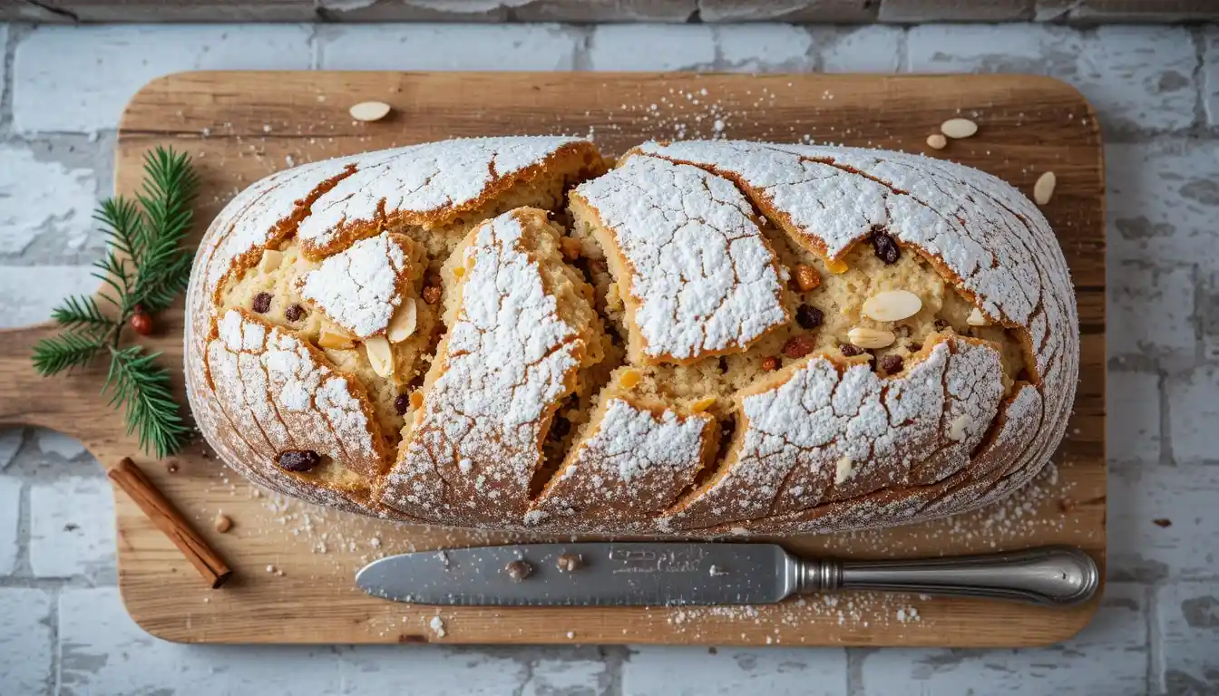"Traditioneller Dresdner Stollen Rezept auf Holzbrett mit Puderzucker, Marzipanfüllung und festlichen Dekorationselementen wie Tannenzweig und Zimtstange.