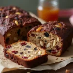 Hausgemachtes Früchtebrot rezept mit Feigen, Aprikosen und Walnüssen auf rustikalem Holzbrett"