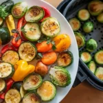 "Gemüse in der Heißluftfritteuse - goldbraun geröstetes Gemüse wie Karotten, Zucchini, Paprika und Rosenkohl auf einem Teller."