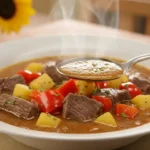 Niedriger Winkel einer dampfenden Schüssel Gulaschsuppe Rezepte mit zartem Fleisch und Gemüse in einer glänzenden Brühe, garniert mit Petersilie und Sauerrahm, neben einem rustikalen Brotlaib auf einem karierten Tischtuch.