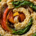 Zutaten für schnelle vegane Wraps: Hummus, frisches Gemüse und Vollkorn-Tortillas.