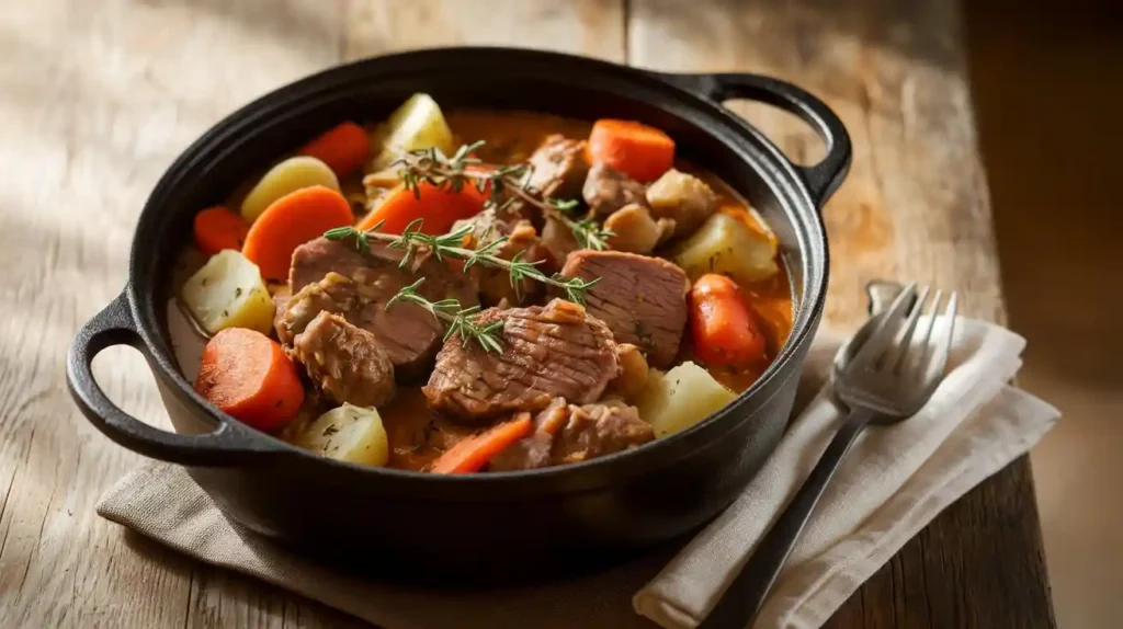 Wie Man Ein Dutch Oven Rezept Macht: Die Ultimative Rezeptsammlung 2 "Schmorender Dutch Oven rezept Eintopf auf dem Herd, mit aufsteigendem Dampf und sichtbaren Gemüse- und Fleischstücken.