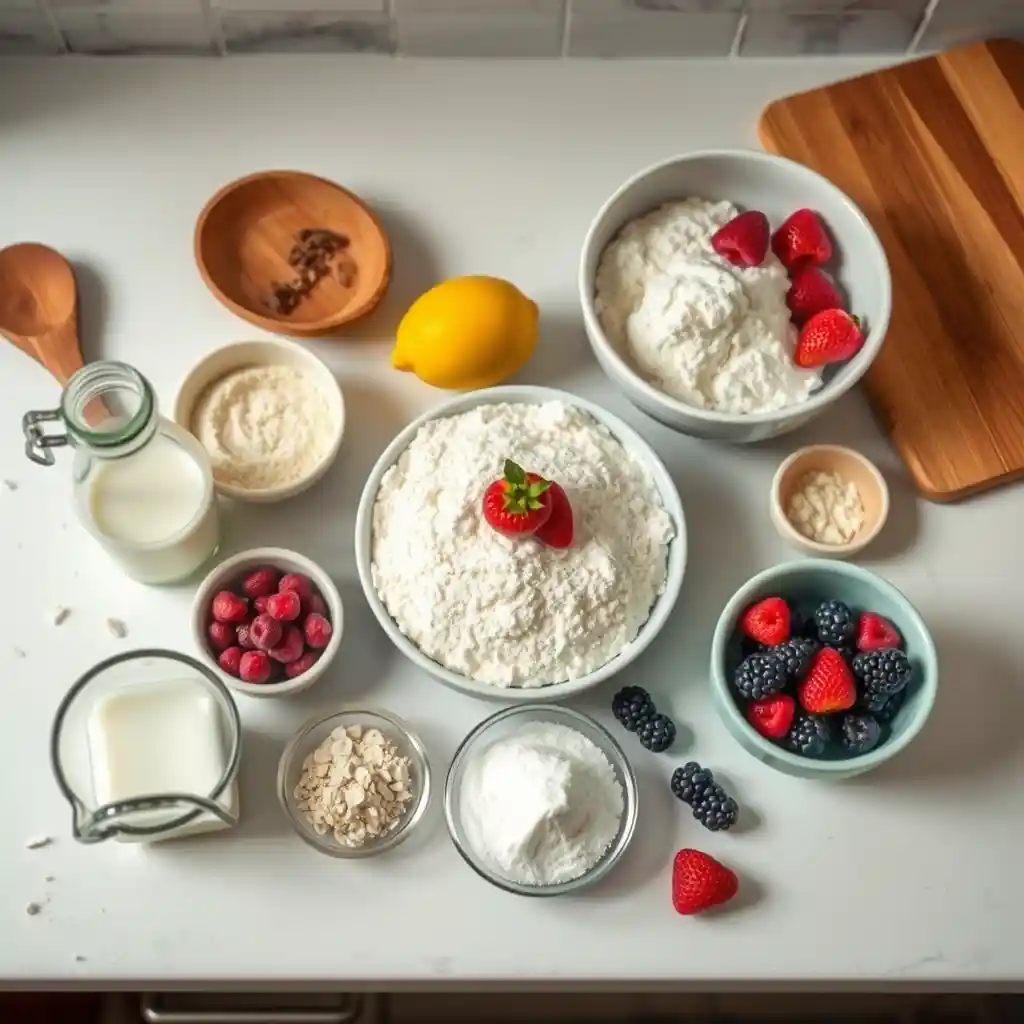 Zutaten für veganen Kuchen auf Arbeitsfläche